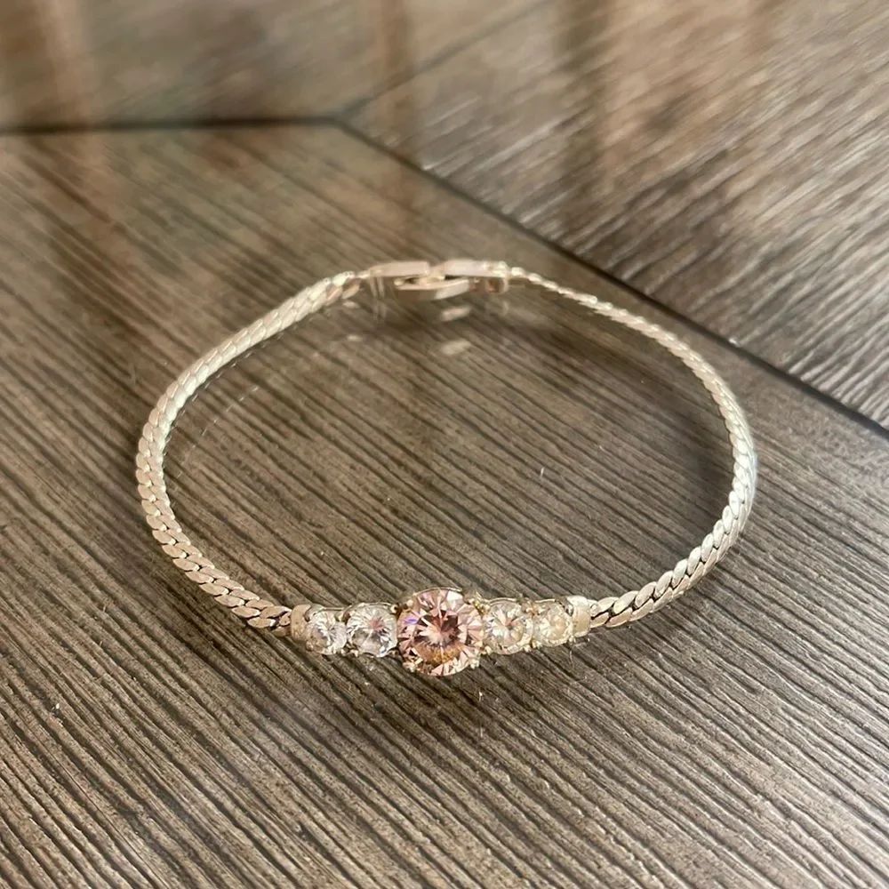 925 JC Sterling Silver Signed Pink Tourmaline 5 Gemstone Bracelet
